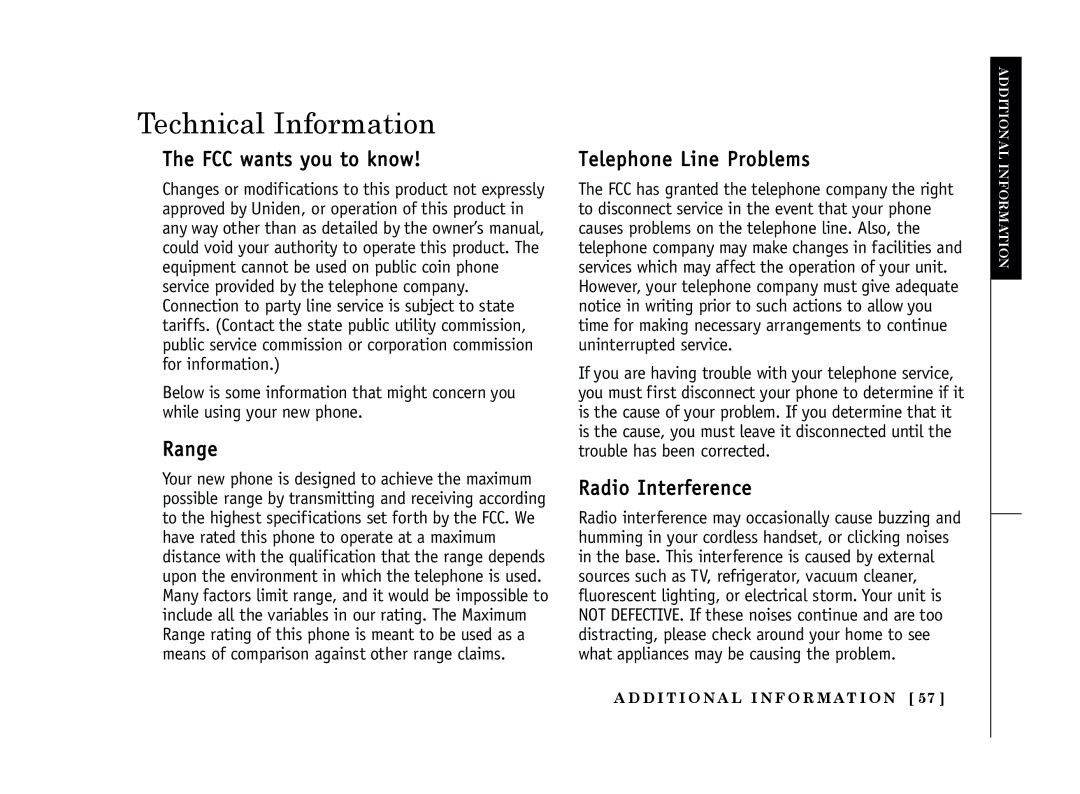 Uniden EXT 1365 Technical Information, FCC wants you to know, Range, Telephone Line Problems, Radio Interference 