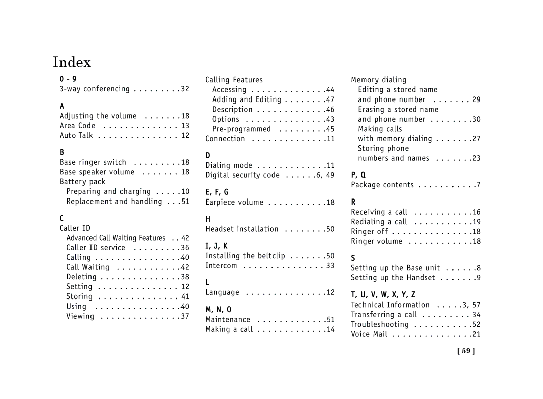 Uniden EXT 1365 owner manual Index 