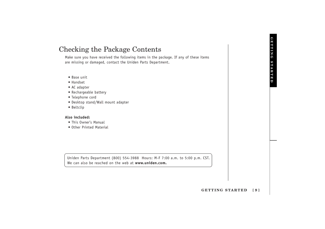 Uniden EXT 1480 manual Checking the Package Contents 