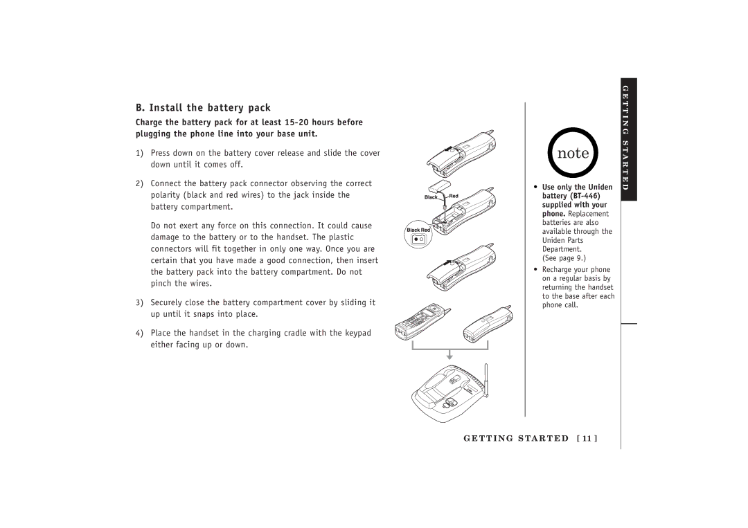 Uniden EXT 1480 manual Install the battery pack, See 