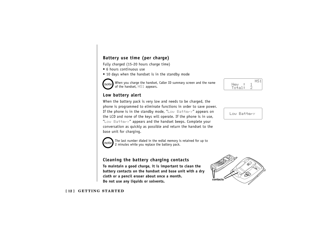 Uniden EXT 1480 manual Battery use time per charge, Low battery alert, Cleaning the battery charging contacts 