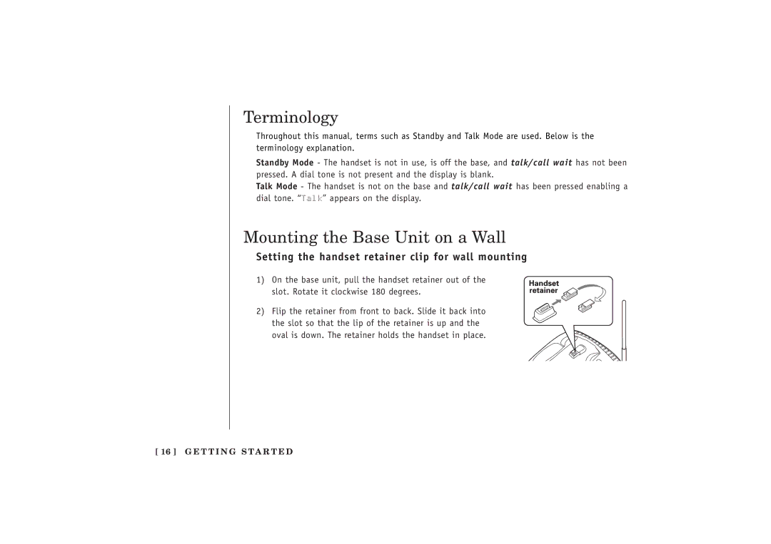 Uniden EXT 1480 manual Terminology, Mounting the Base Unit on a Wall, Setting the handset retainer clip for wall mounting 