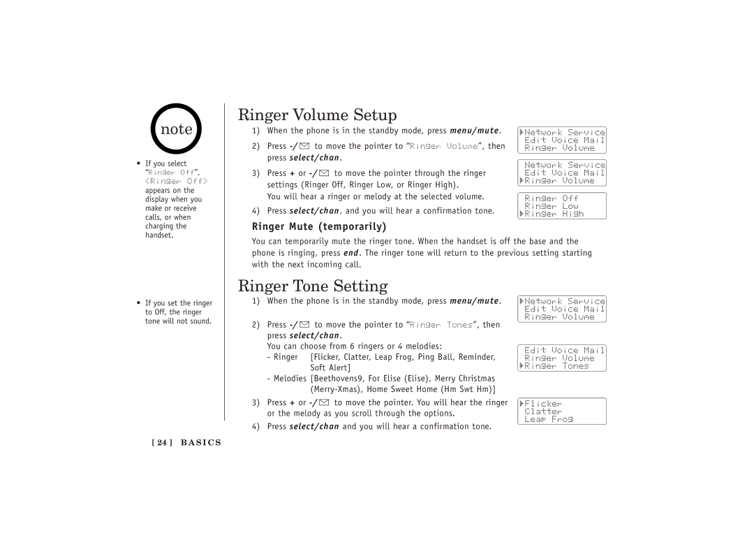 Uniden EXT 1480 manual Ringer Volume Setup, Ringer Tone Setting, Ringer Mute temporarily 