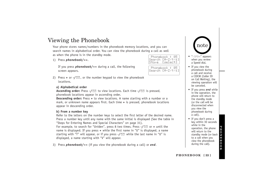 Uniden EXT 1480 manual Viewing the Phonebook, Alphabetical order, From a number key 