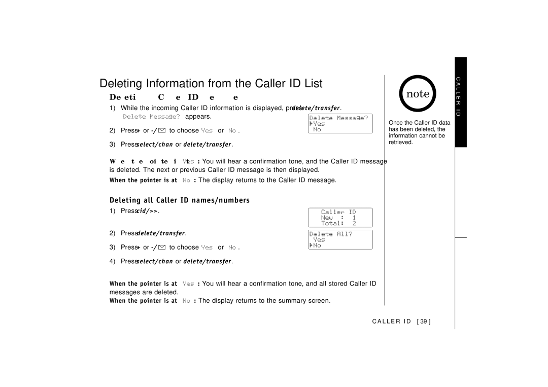 Uniden EXT 1480 manual Deleting Information from the Caller ID List, Deleting a Caller ID message 