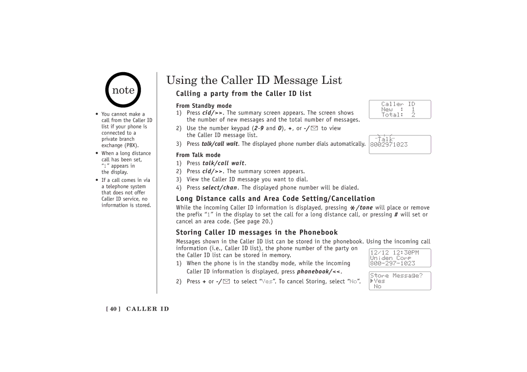 Uniden EXT 1480 manual Using the Caller ID Message List, Calling a party from the Caller ID list 