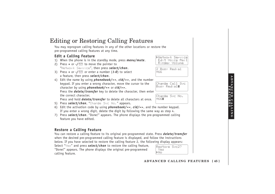 Uniden EXT 1480 manual Editing or Restoring Calling Features, Edit a Calling Feature, Restore a Calling Feature 