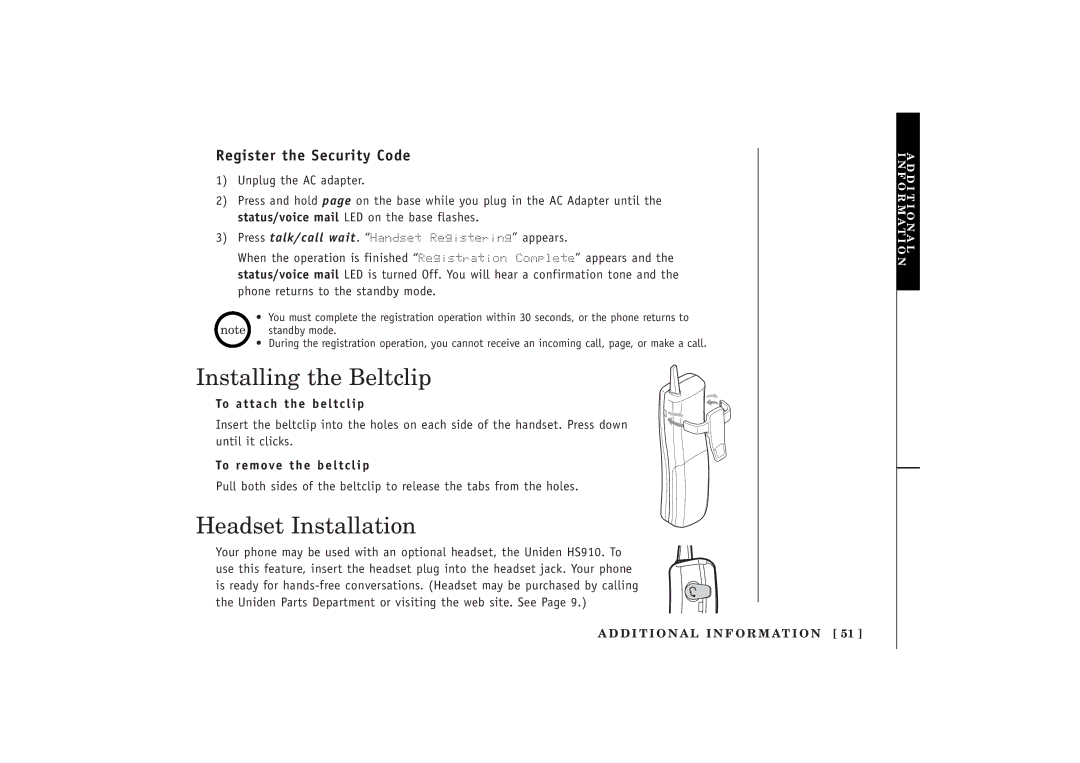 Uniden EXT 1480 manual Installing the Beltclip, Headset Installation, Register the Security Code 