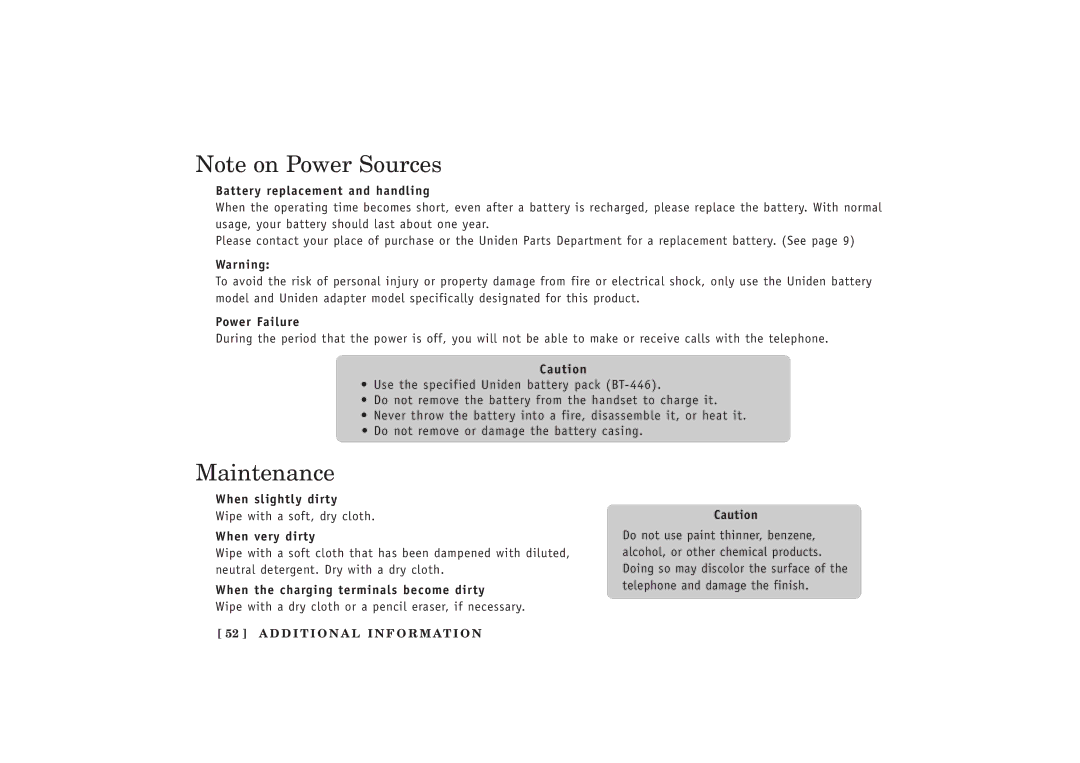 Uniden EXT 1480 manual Maintenance 