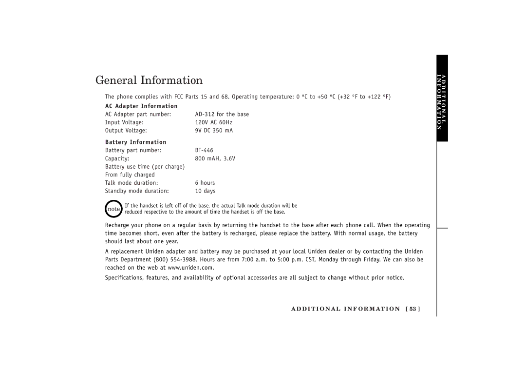 Uniden EXT 1480 manual General Information, AC Adapter Information, Battery Information 