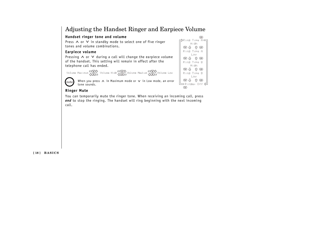 Uniden EXT 176 manual Adjusting the Handset Ringer and Earpiece Volume, Handset ringer tone and volume, Earpiece volume 