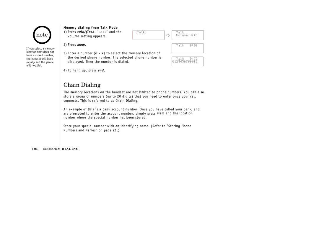 Uniden EXT 176 manual Chain Dialing, Memory dialing from Talk Mode 