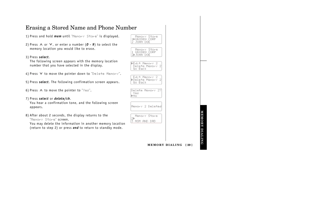 Uniden EXT 176 manual Erasing a Stored Name and Phone Number, Press select or delete/ch 