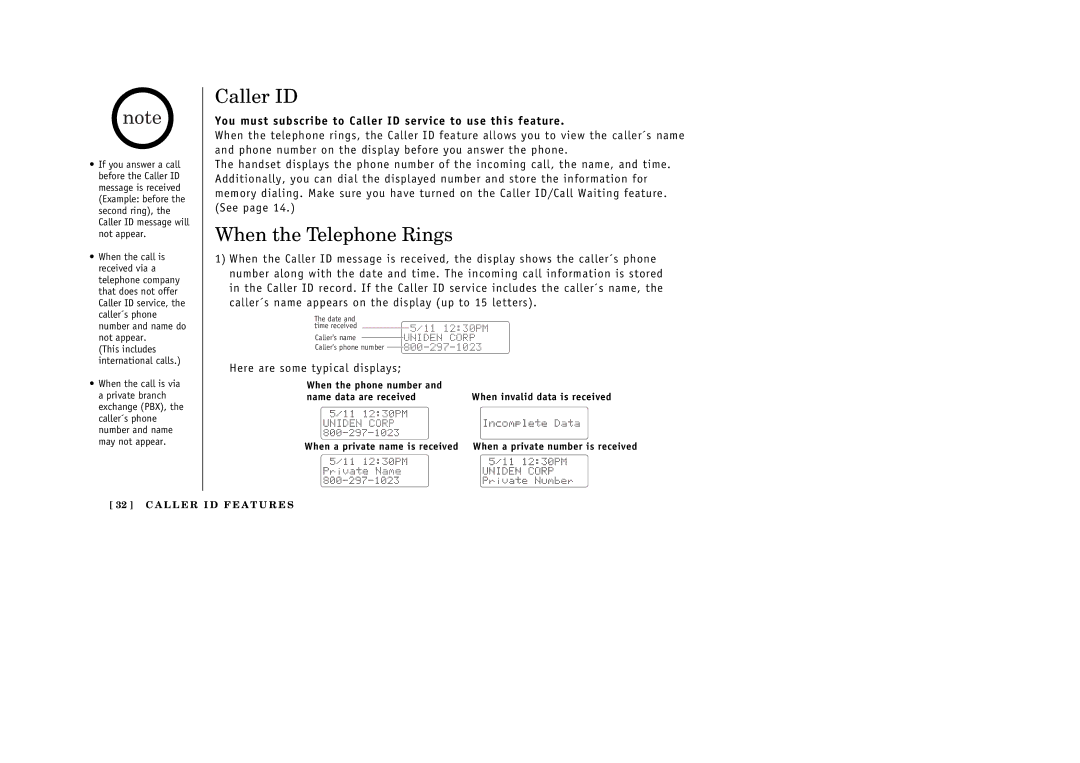 Uniden EXT 176 manual When the Telephone Rings, You must subscribe to Caller ID service to use this feature 