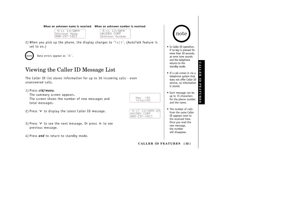 Uniden EXT 176 manual Viewing the Caller ID Message List, Standby mode 