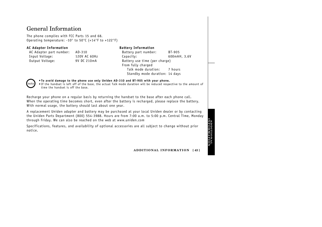 Uniden EXT 176 manual General Information, AC Adapter Information Battery Information 