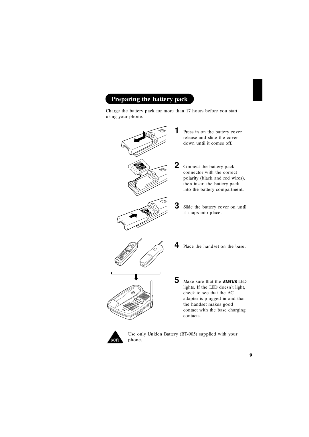 Uniden EXT 1865 manual Preparing the battery pack 