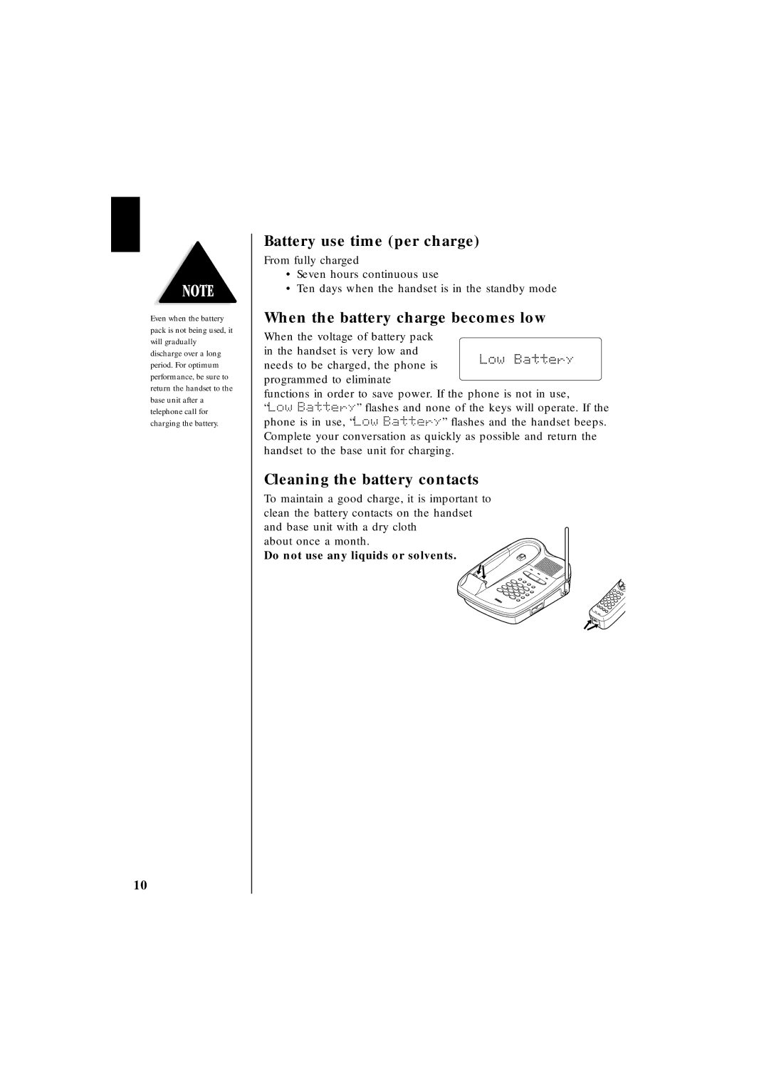 Uniden EXT 1865 manual Battery use time per charge, When the battery charge becomes low, Cleaning the battery contacts 