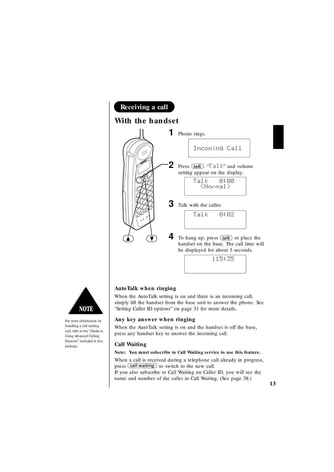 Uniden EXT 1865 manual Receiving a call, AutoTalk when ringing, Any key answer when ringing, Call Waiting 