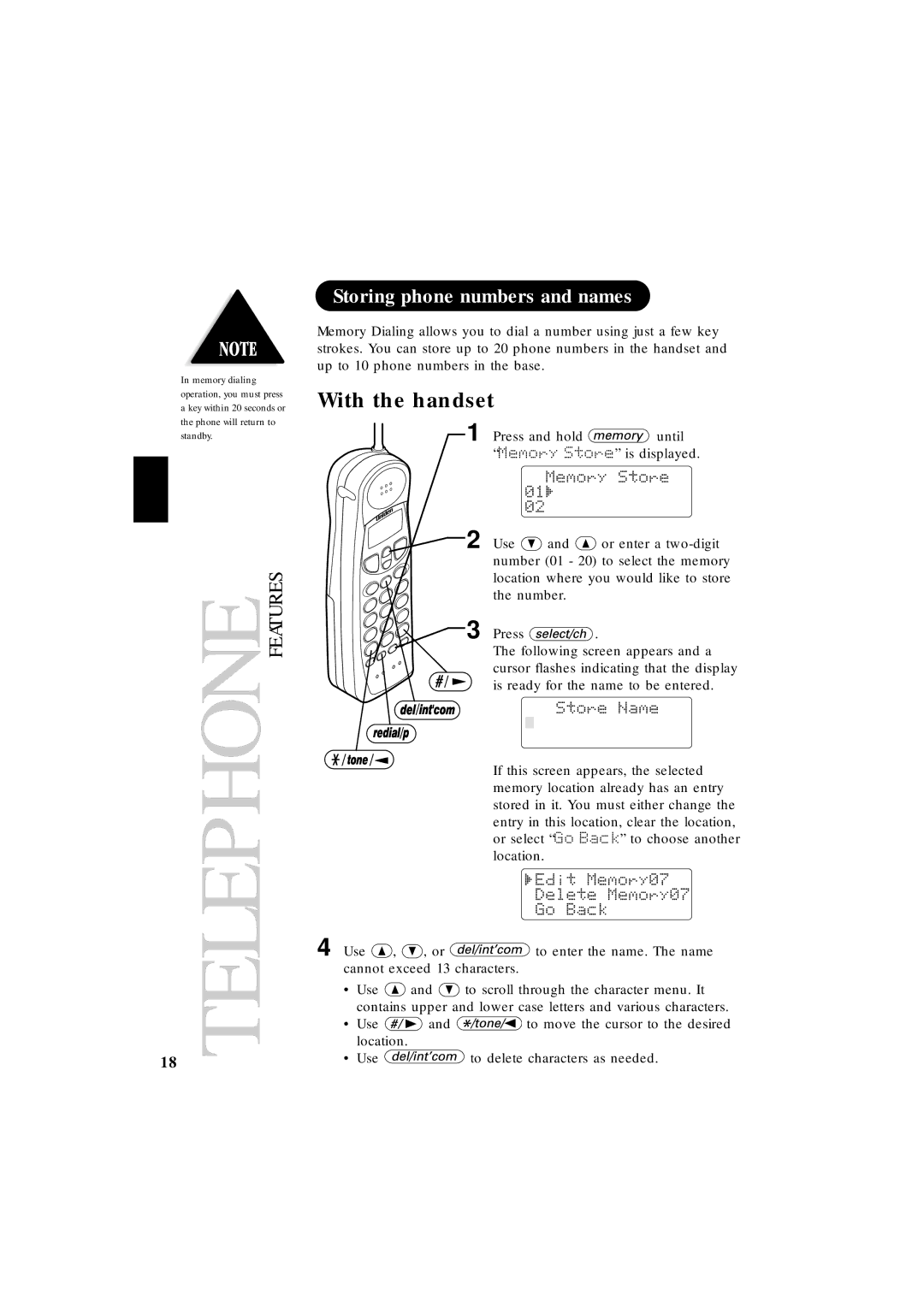 Uniden EXT 1865 manual Telephonefeatures, Storing phone numbers and names 