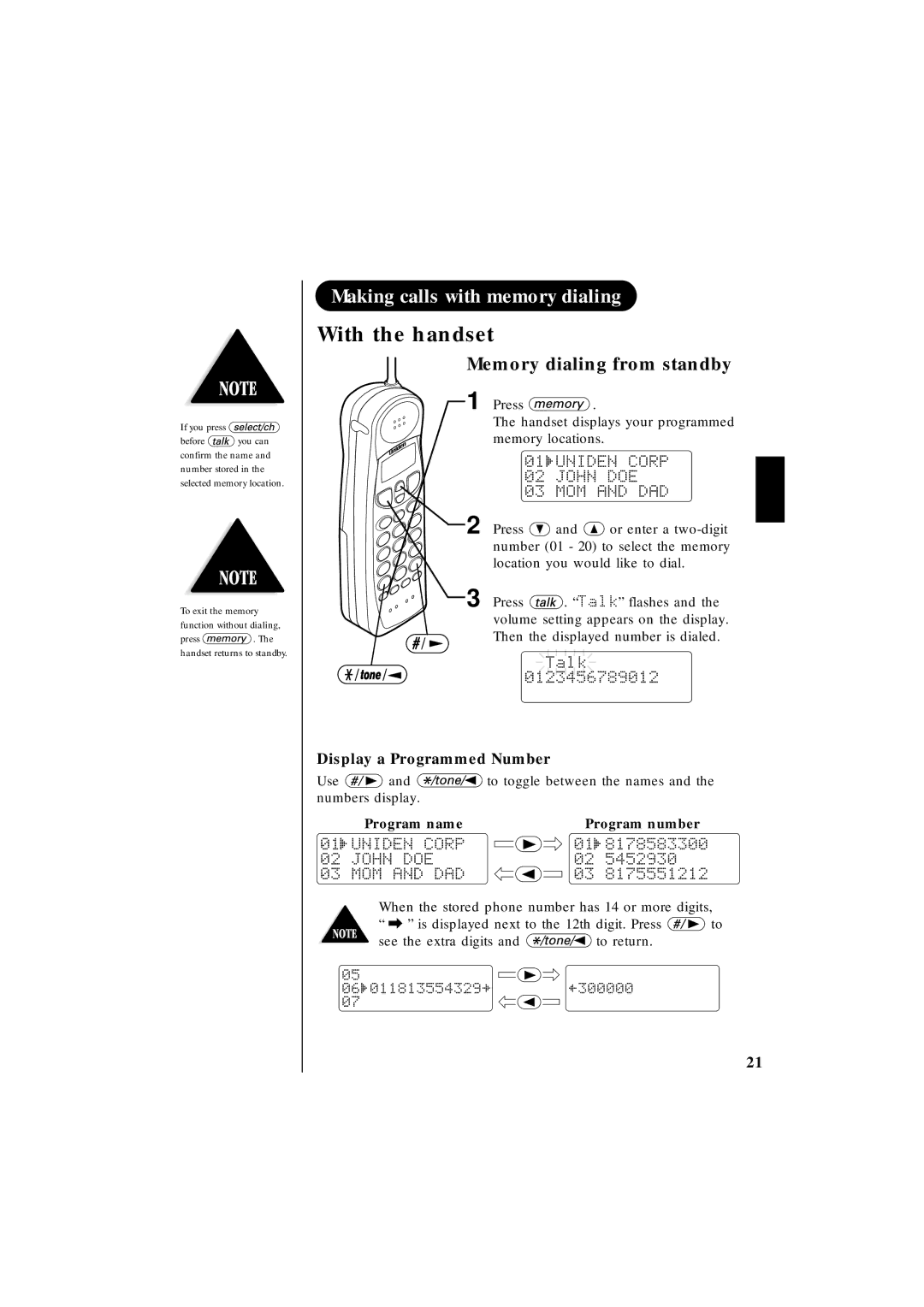 Uniden EXT 1865 manual Making calls with memory dialing, Memory dialing from standby, Display a Programmed Number 