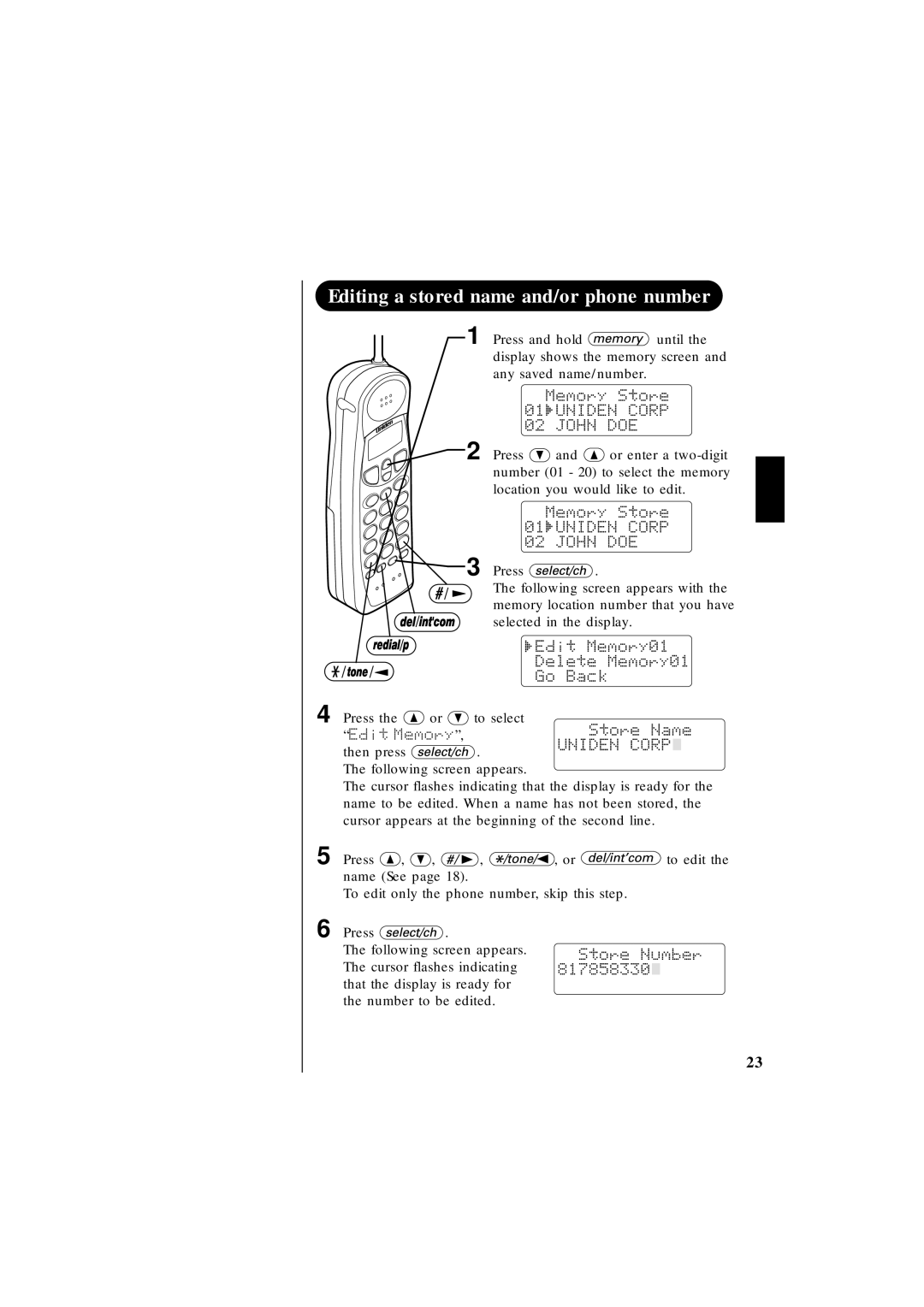 Uniden EXT 1865 manual Editing a stored name and/or phone number, Edit Memory 