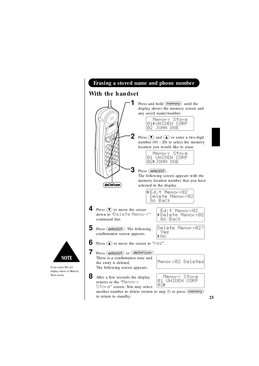 Uniden EXT 1865 manual Erasing a stored name and phone number, With the handset 