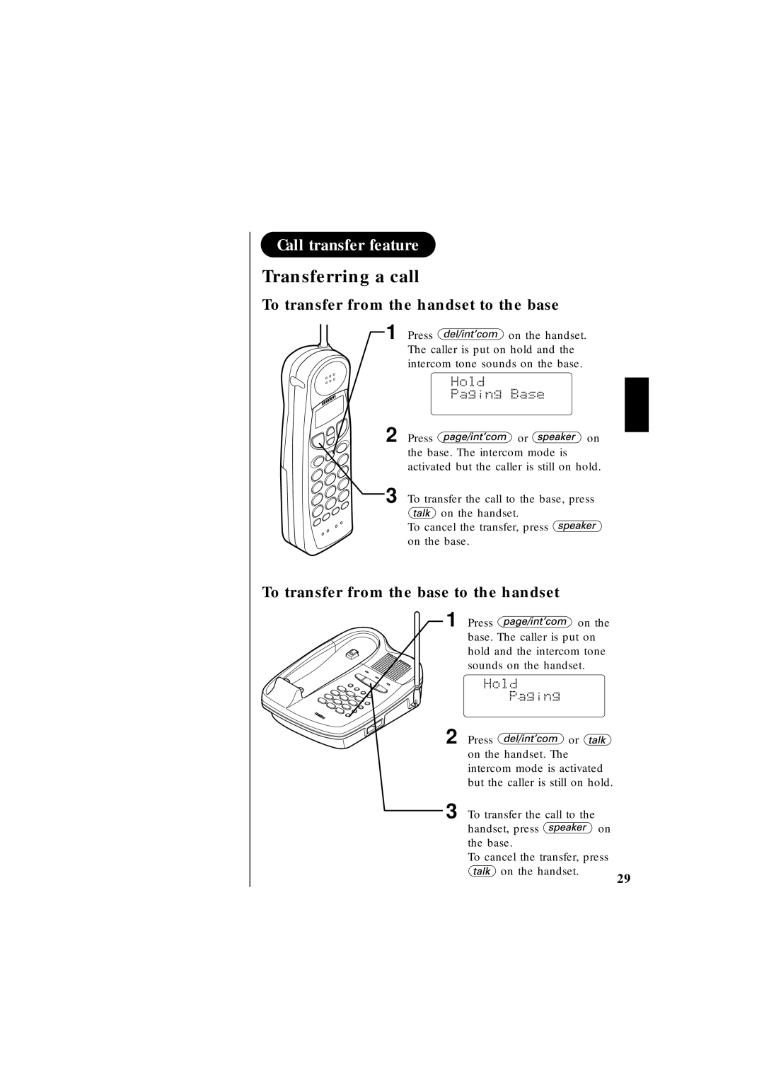 Uniden EXT 1865 manual Call transfer feature, Transferring a call, To transfer from the handset to the base 