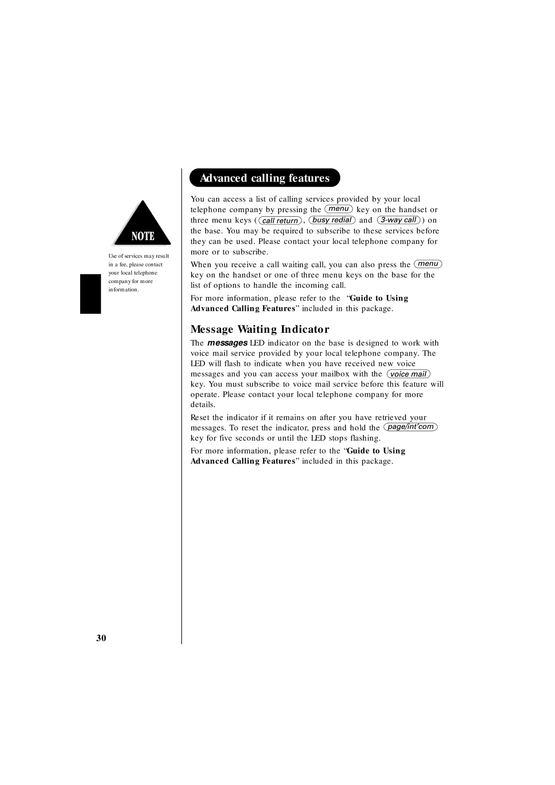 Uniden EXT 1865 manual Advanced calling features, Message Waiting Indicator 