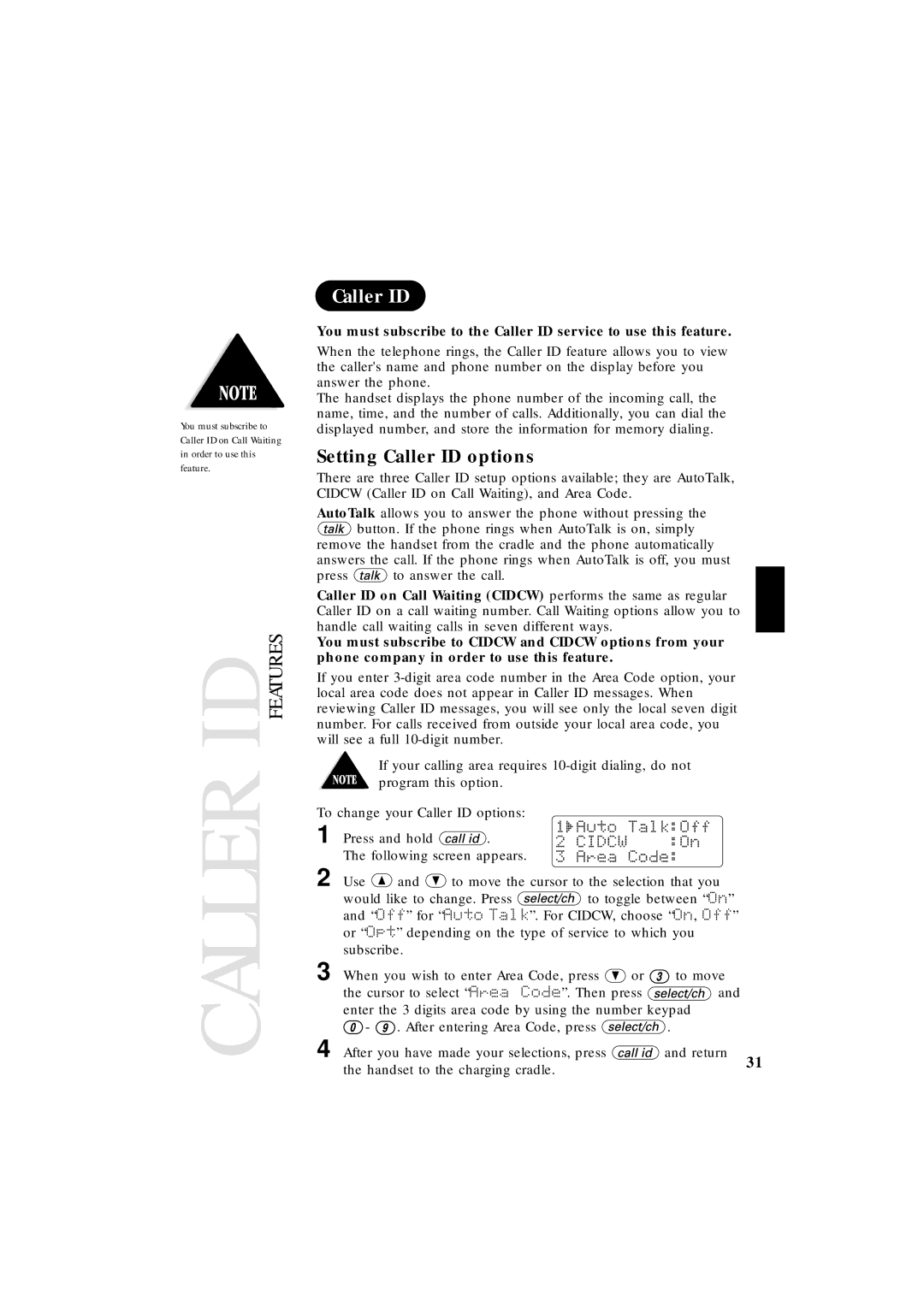 Uniden EXT 1865 manual Setting Caller ID options 