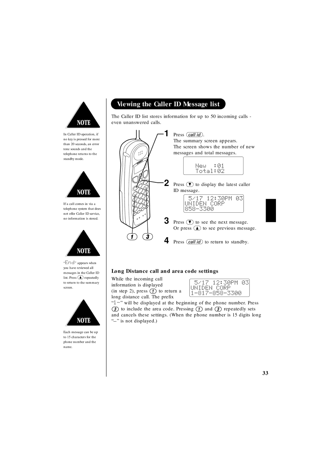 Uniden EXT 1865 manual Viewing the Caller ID Message list, Long Distance call and area code settings 