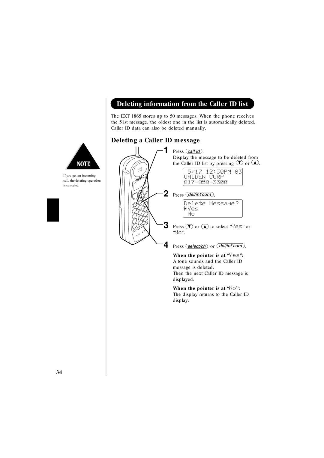 Uniden EXT 1865 Deleting information from the Caller ID list, Deleting a Caller ID message, When the pointer is at Yes 