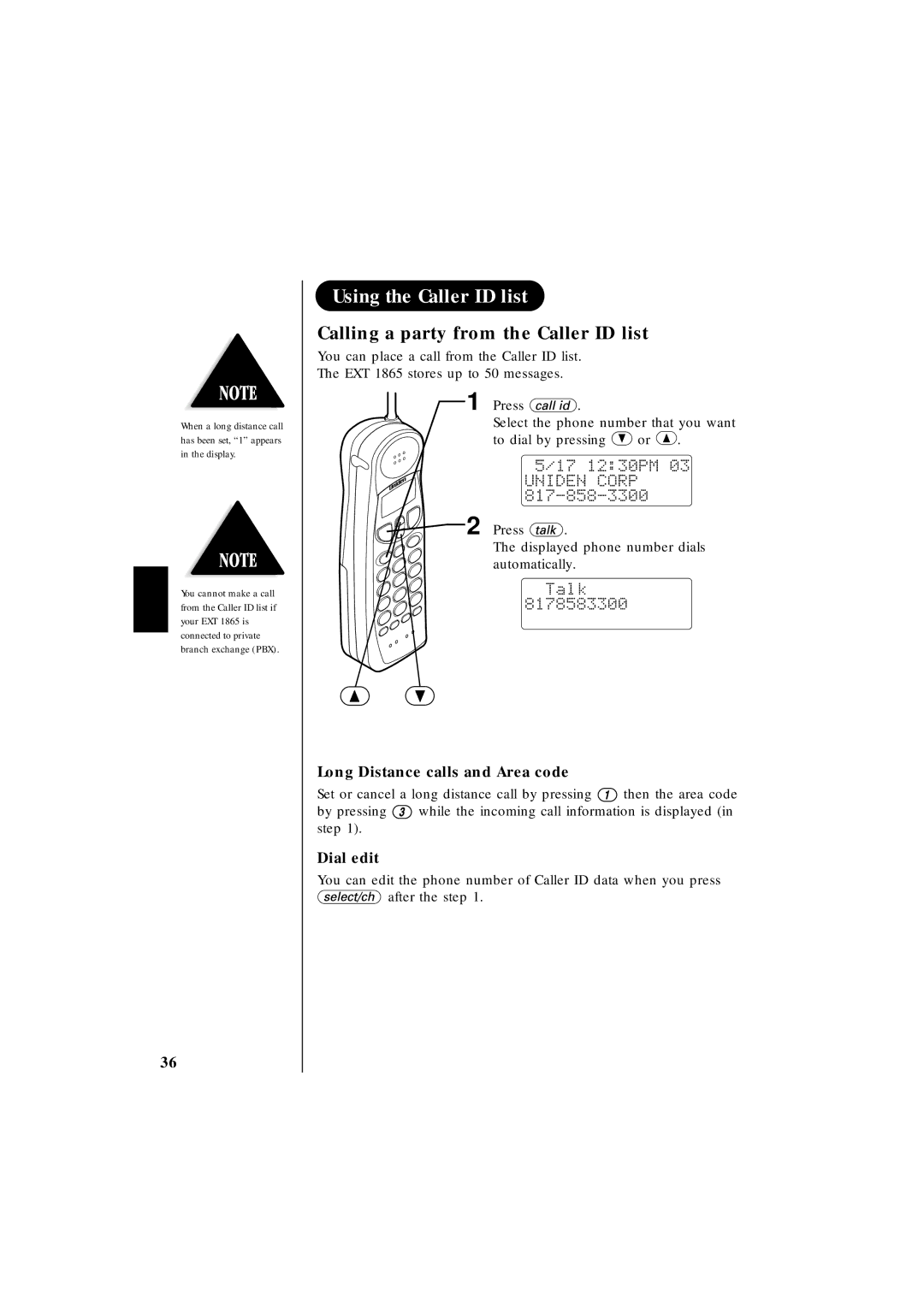 Uniden EXT 1865 manual Using the Caller ID list, Calling a party from the Caller ID list, Long Distance calls and Area code 