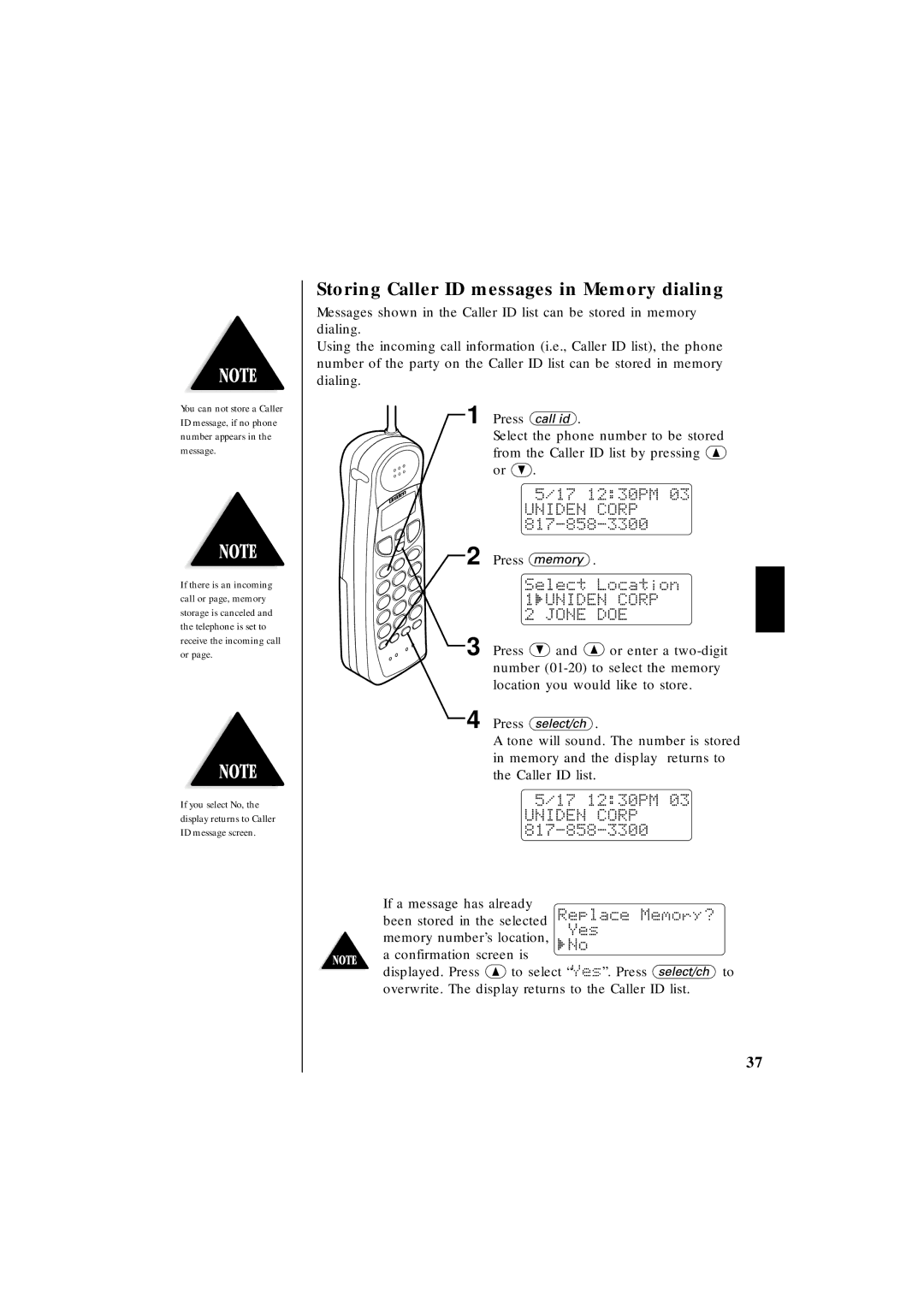 Uniden EXT 1865 manual Storing Caller ID messages in Memory dialing 