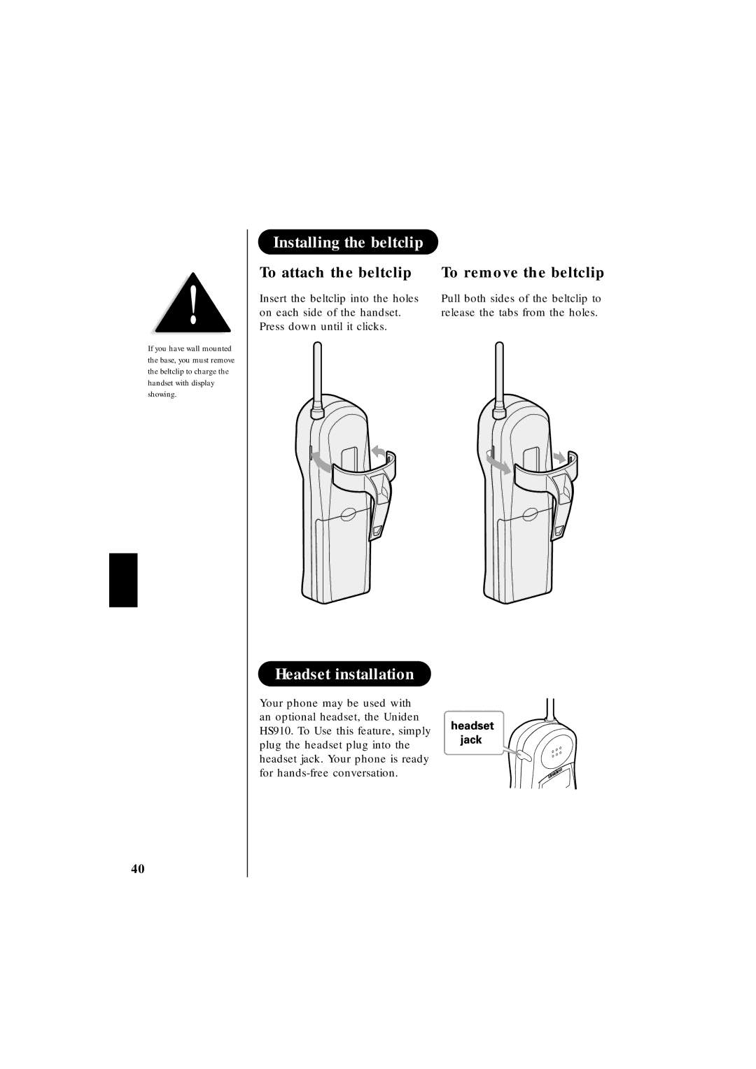 Uniden EXT 1865 manual Installing the beltclip, Headset installation, To attach the beltclip To remove the beltclip 