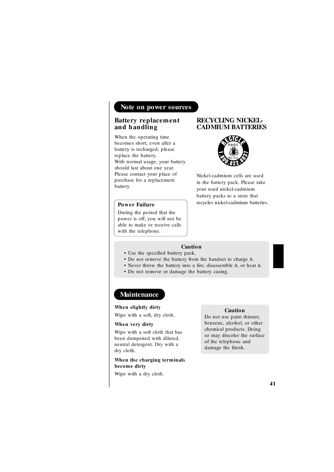 Uniden EXT 1865 manual Maintenance, Battery replacement and handling, Power Failure 