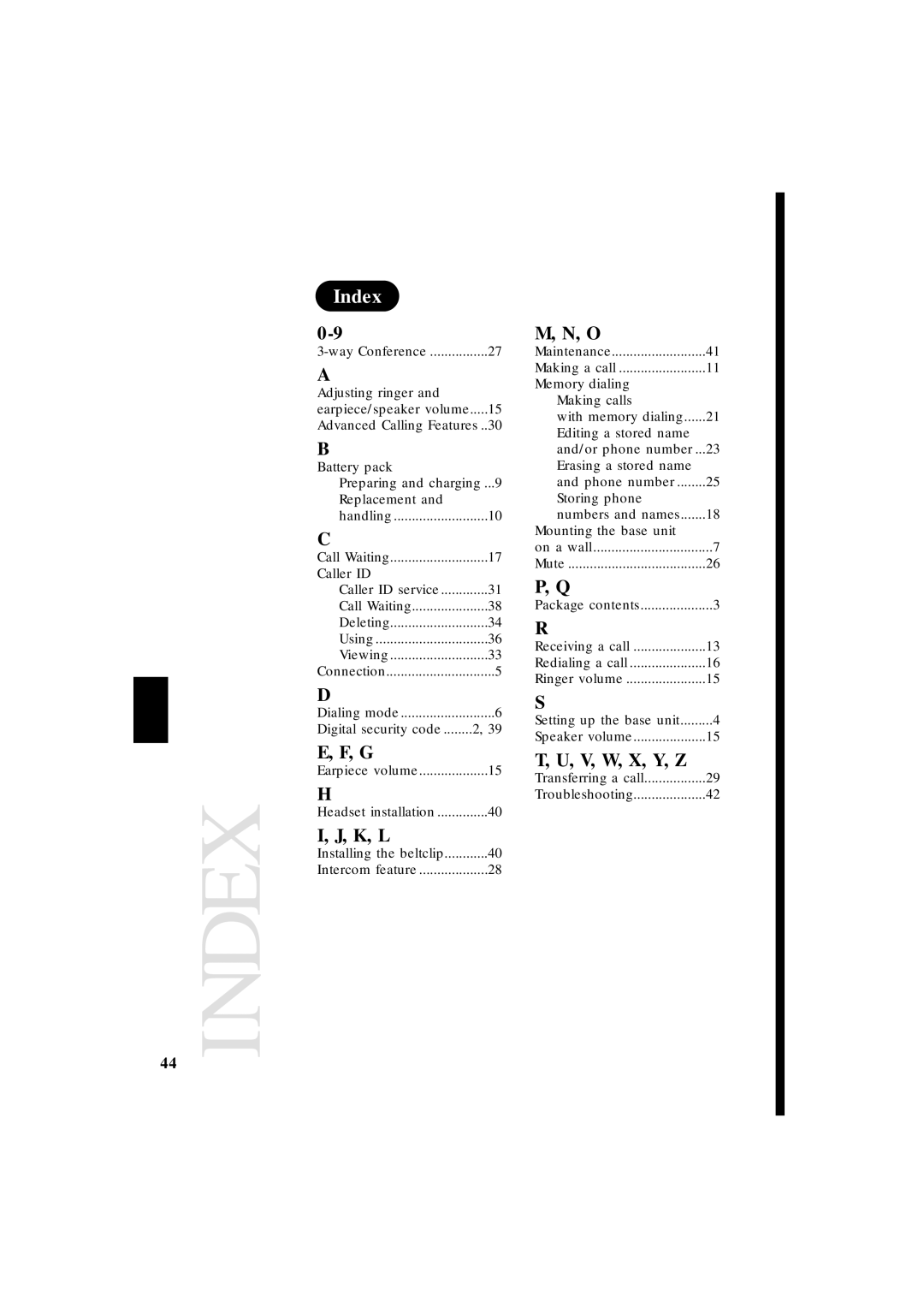 Uniden EXT 1865 manual Index, K, L, V, W, X, Y, Z 