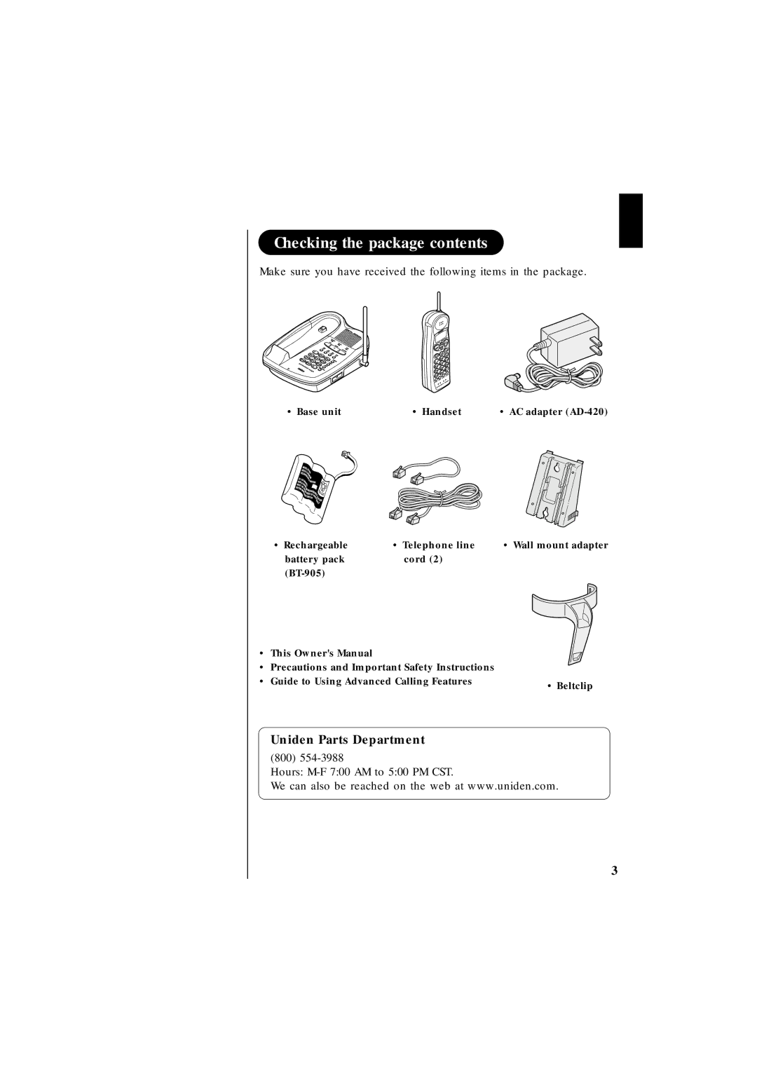 Uniden EXT 1865 manual Checking the package contents 