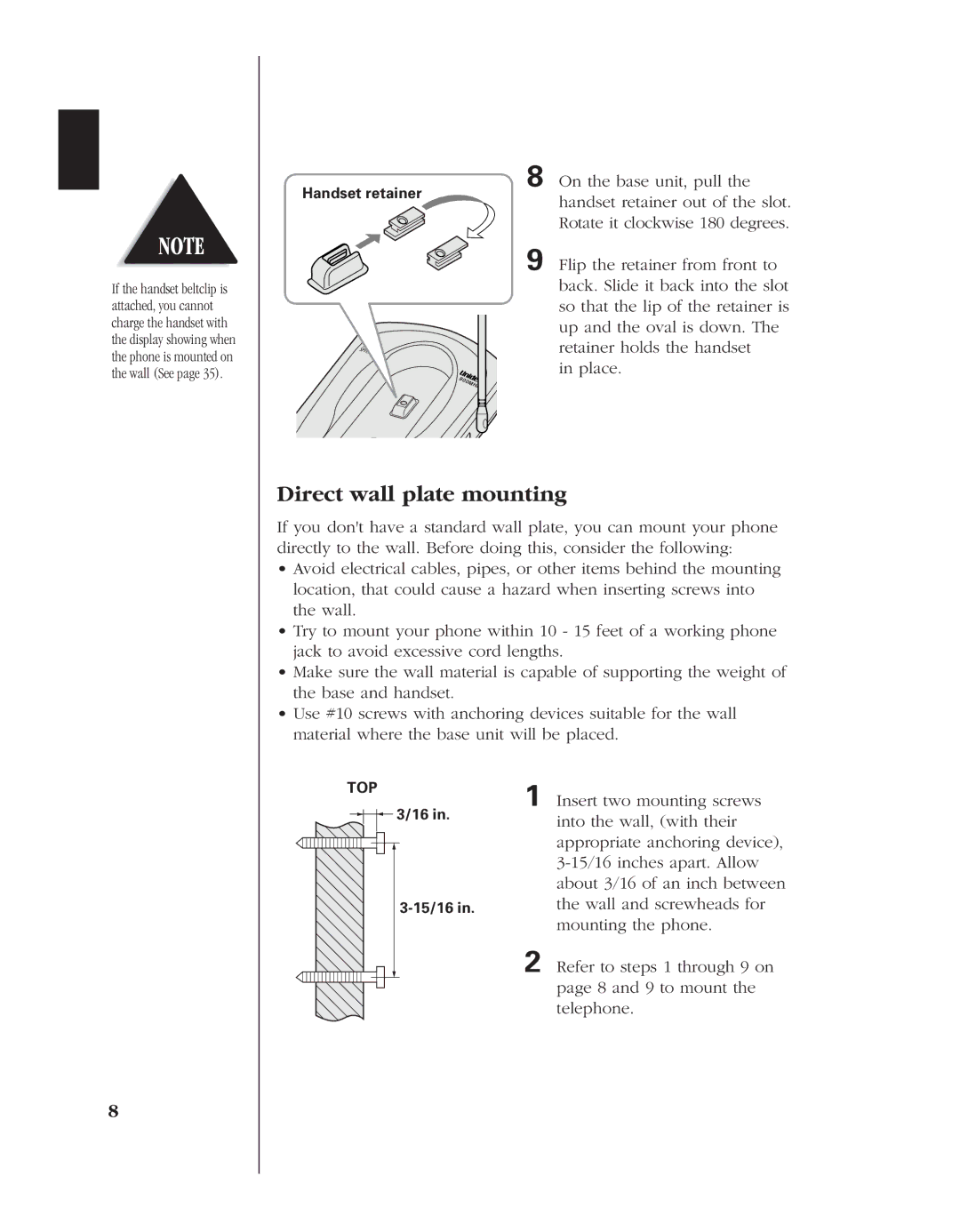 Uniden EXT 1960 manual Direct wall plate mounting 