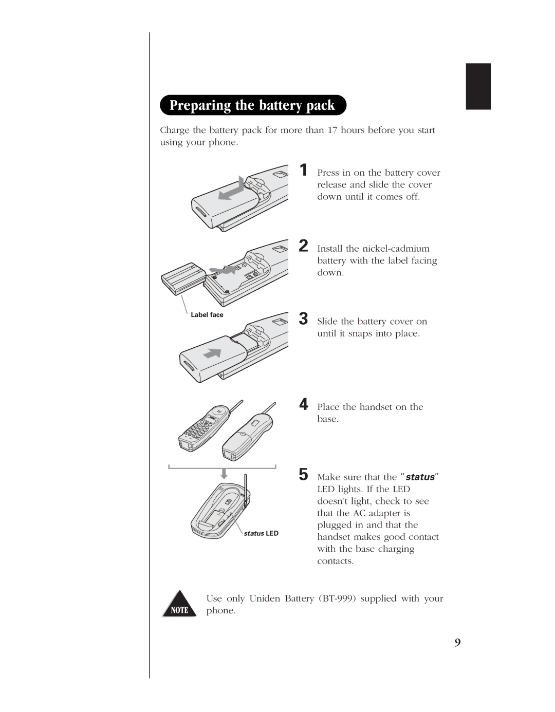 Uniden EXT 1960 manual Preparing the battery pack 