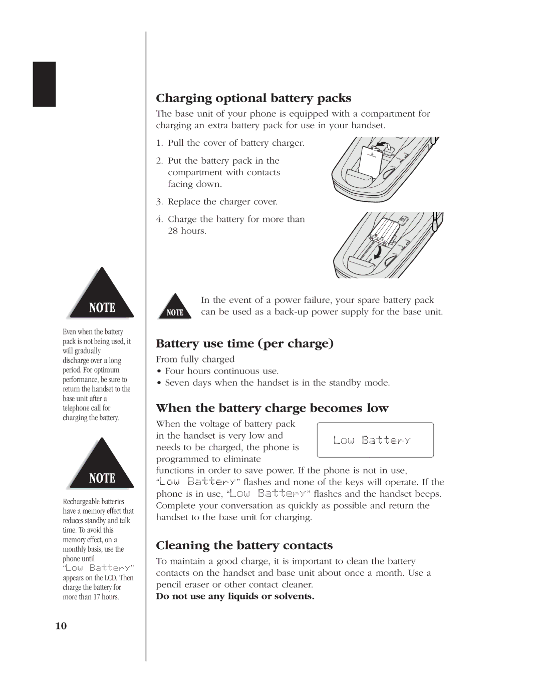 Uniden EXT 1960 manual Charging optional battery packs, Battery use time per charge, When the battery charge becomes low 