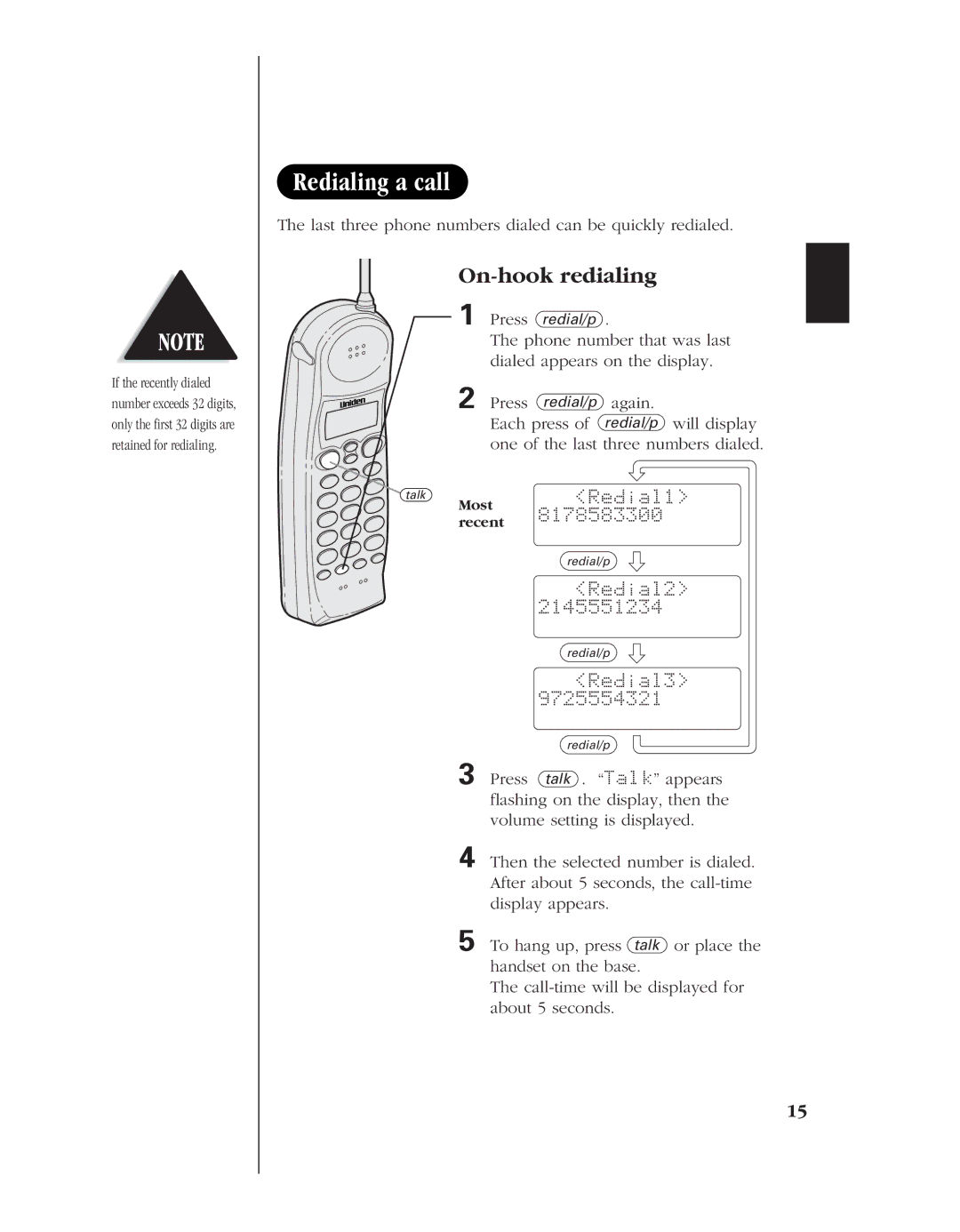 Uniden EXT 1960 manual Redialing a call, On-hook redialing 