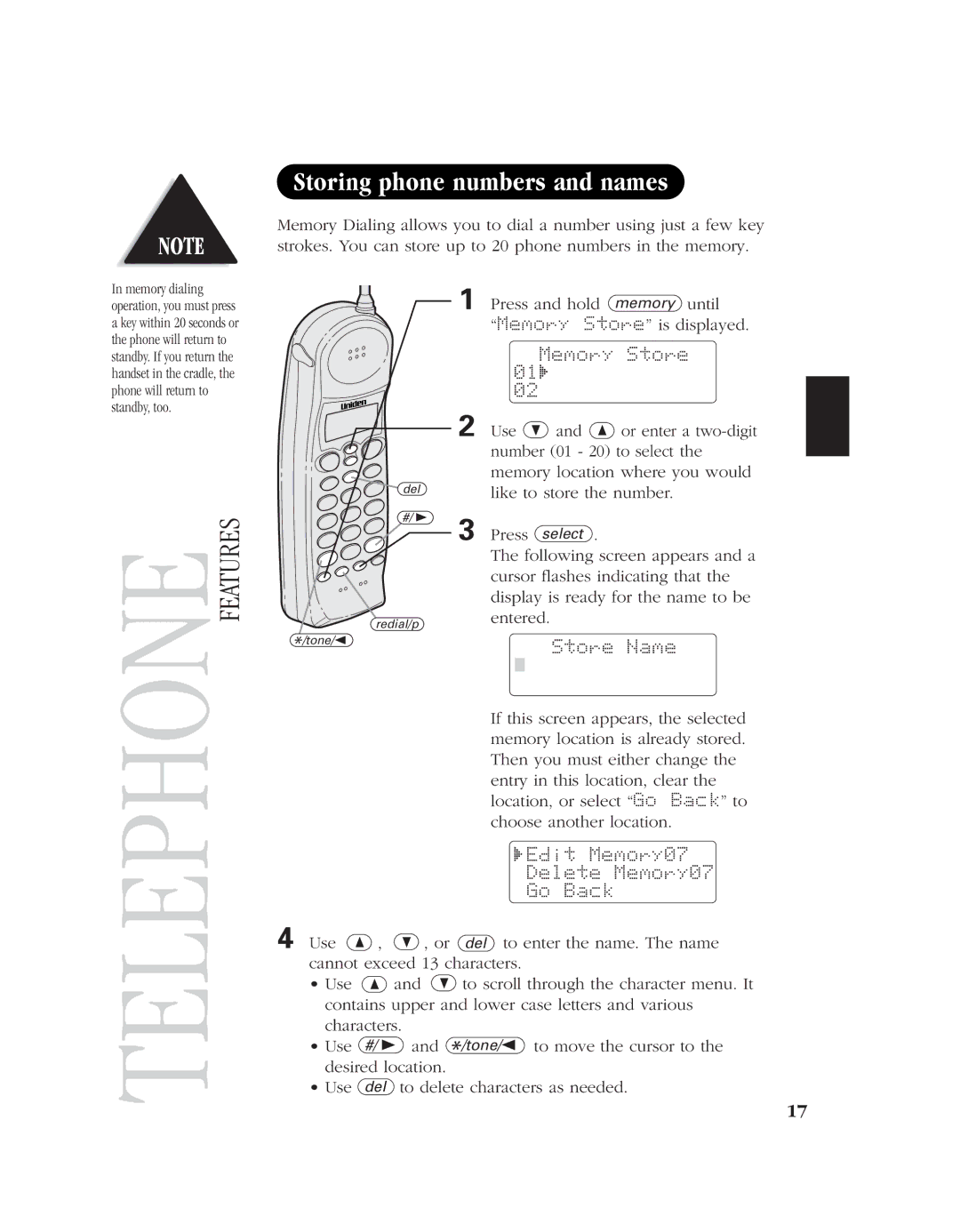 Uniden EXT 1960 manual Storing phone numbers and names 