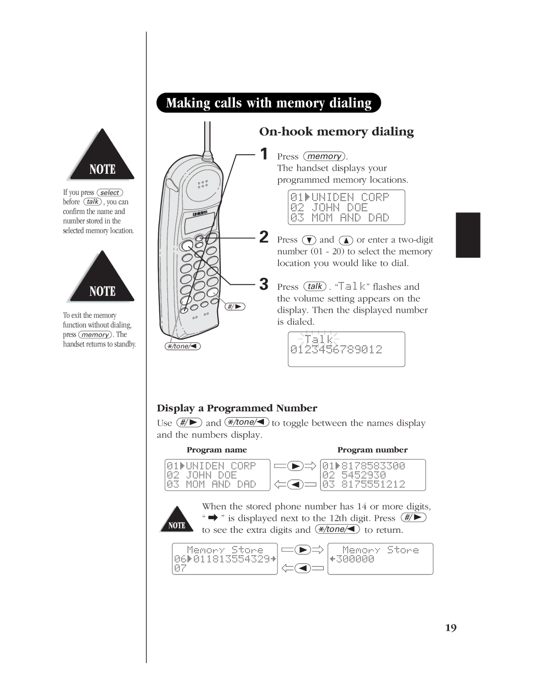 Uniden EXT 1960 manual Making calls with memory dialing, On-hook memory dialing, Display a Programmed Number, Talk Tone/0 