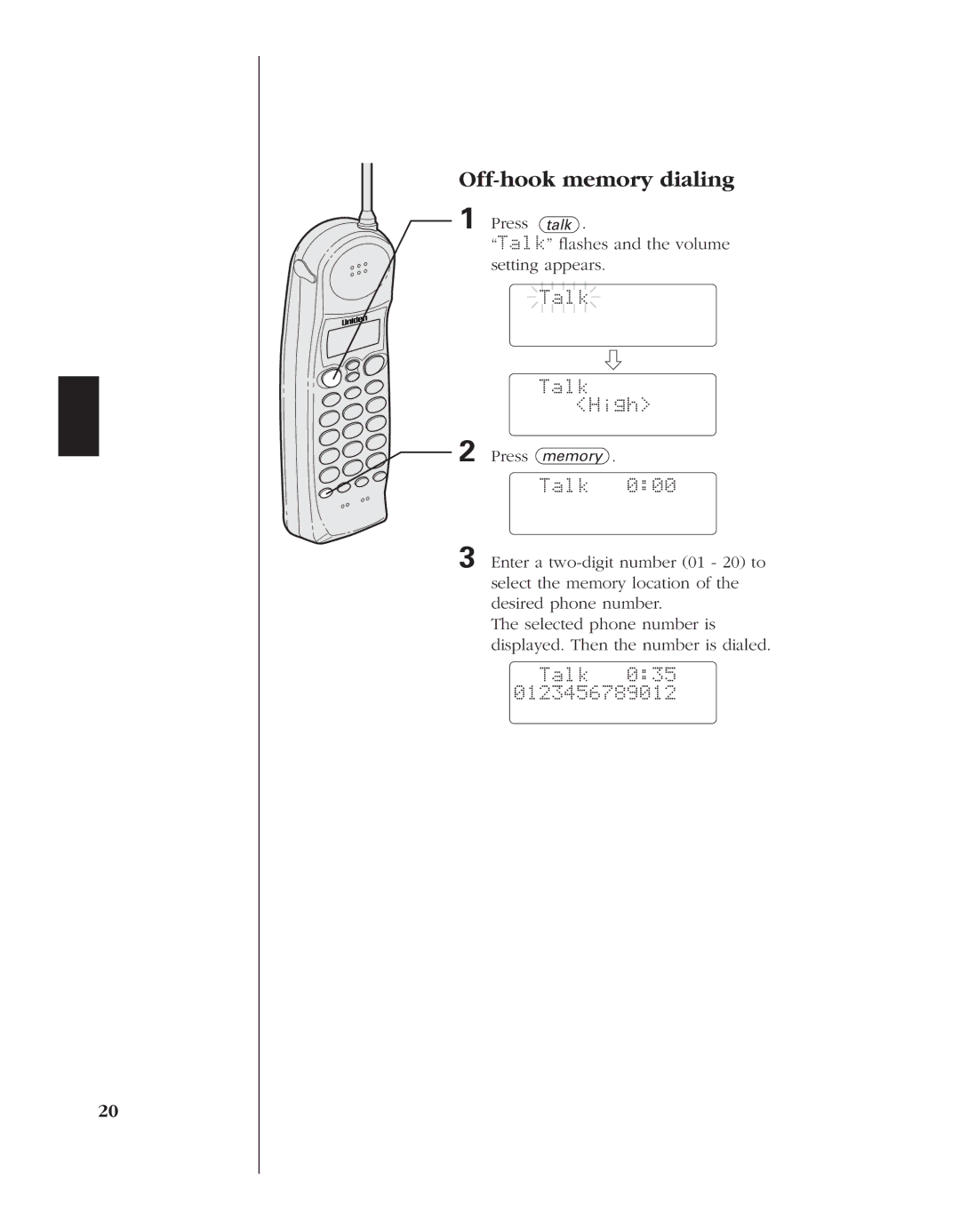 Uniden EXT 1960 manual Off-hook memory dialing, Talk Talk High, Talk 035 