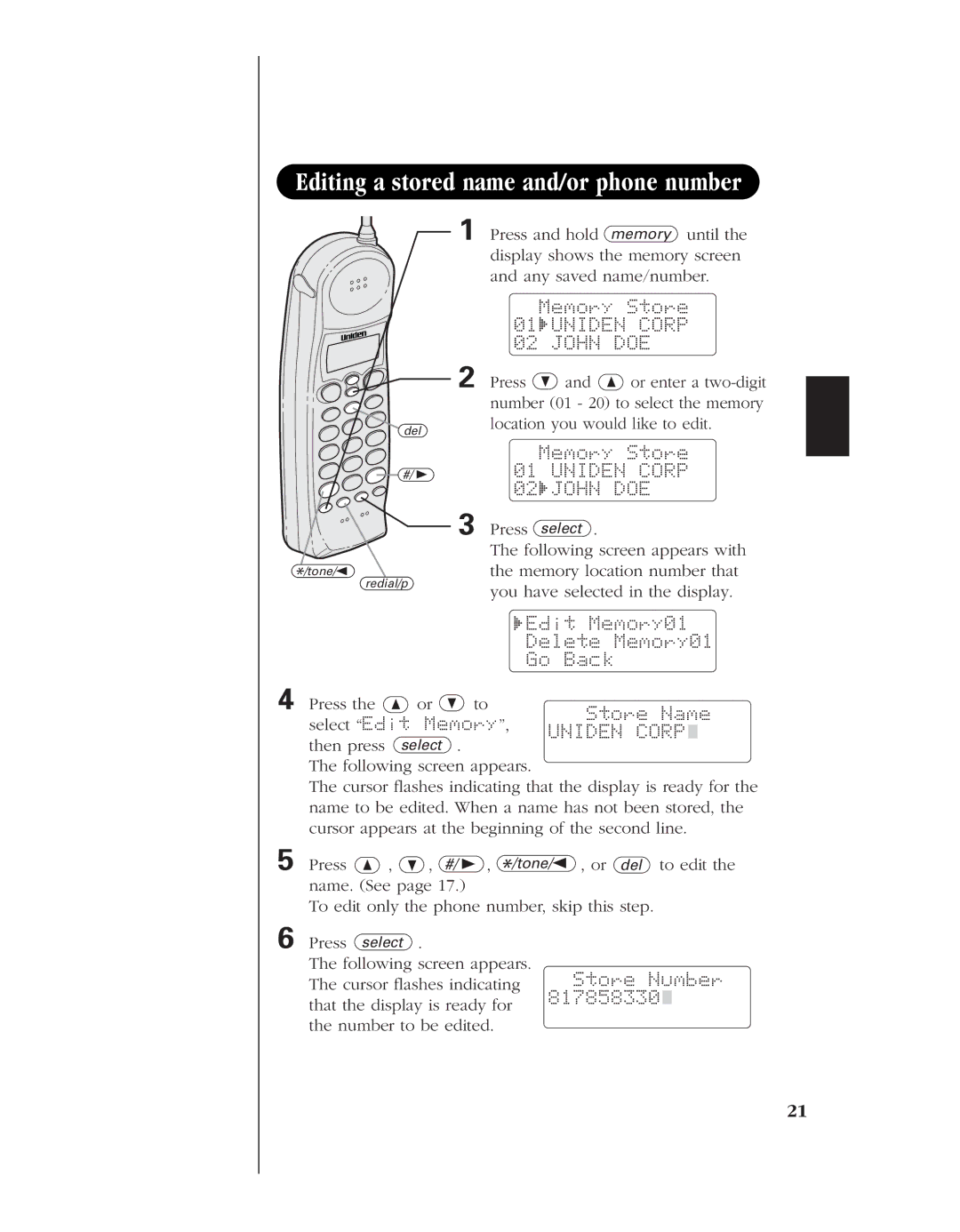 Uniden EXT 1960 manual Editing a stored name and/or phone number, Memory Store 01 Uniden Corp 02 John DOE 