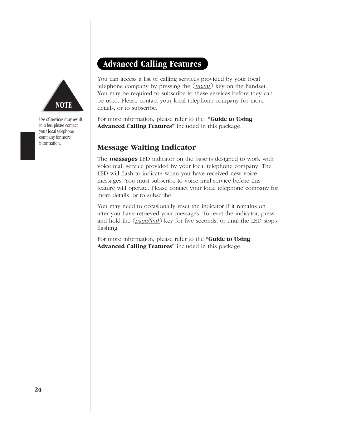 Uniden EXT 1960 manual Advanced Calling Features, Message Waiting Indicator 