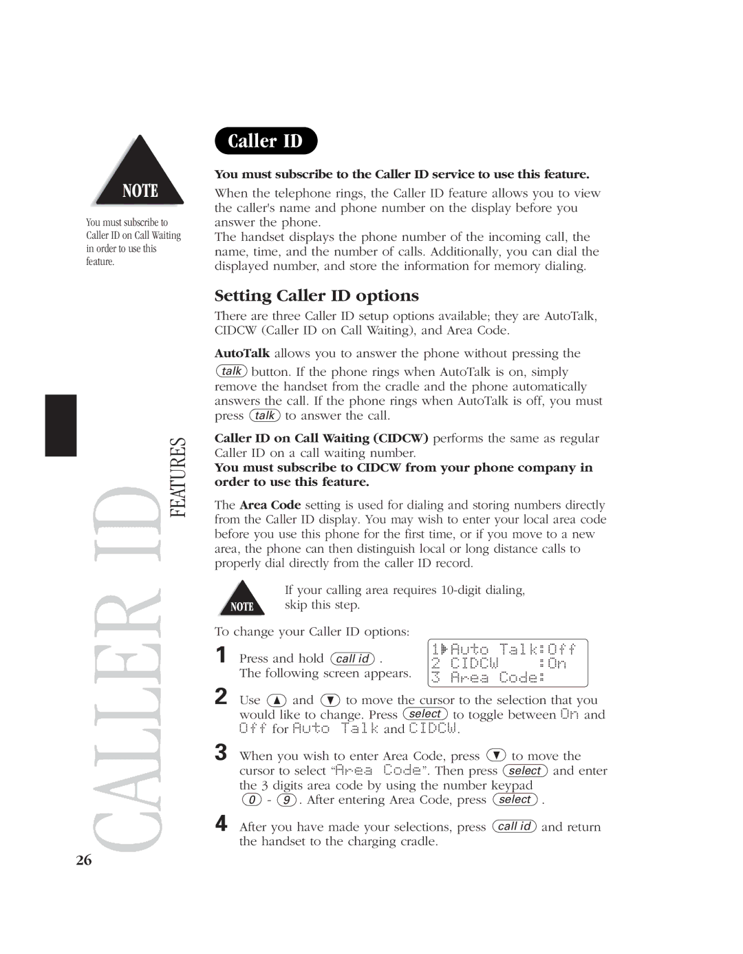 Uniden EXT 1960 manual Setting Caller ID options, Auto TalkOff Cidcw On, Area Code, Off for Auto Talk and Cidcw 