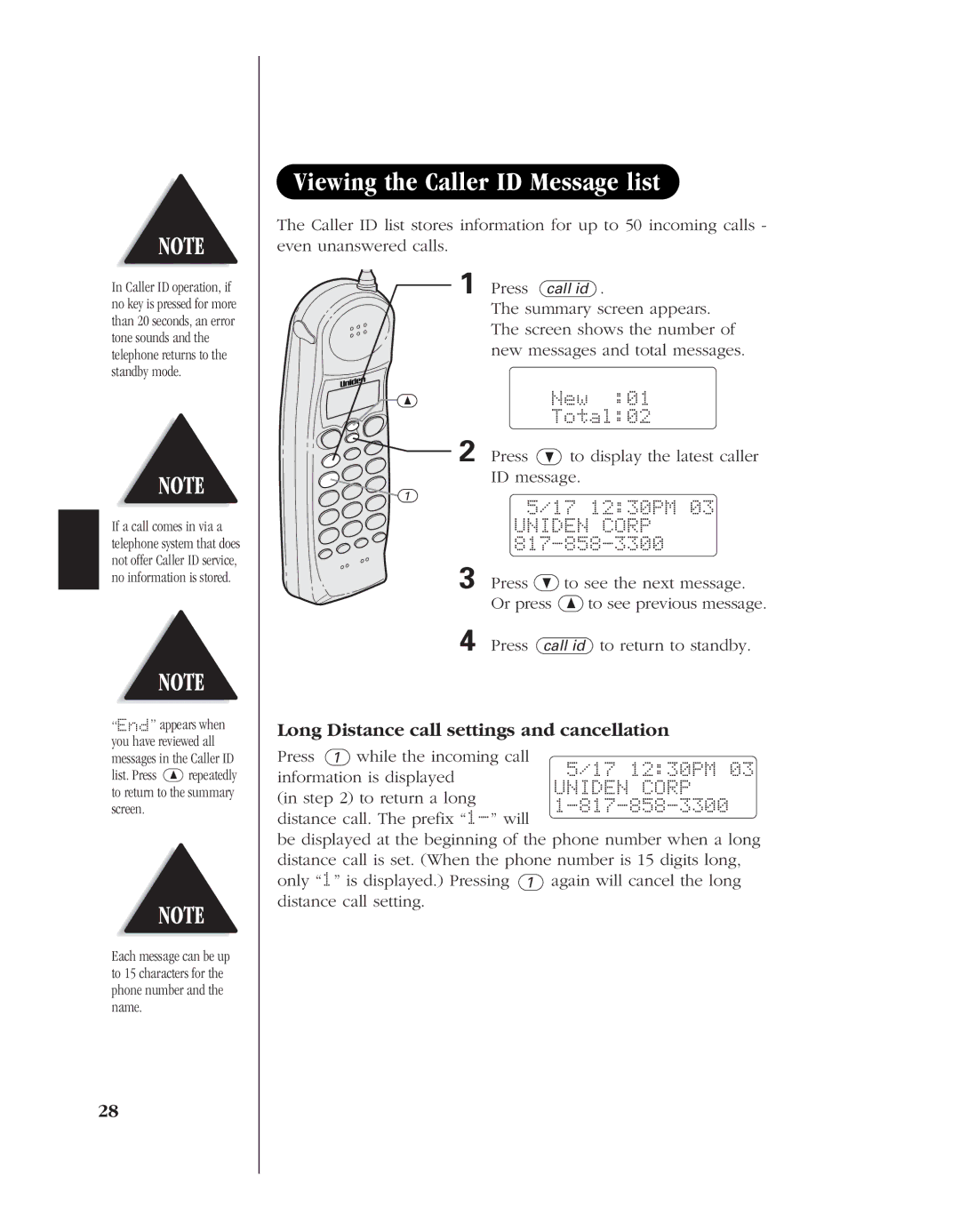 Uniden EXT 1960 manual Viewing the Caller ID Message list, Long Distance call settings and cancellation, New Total02 