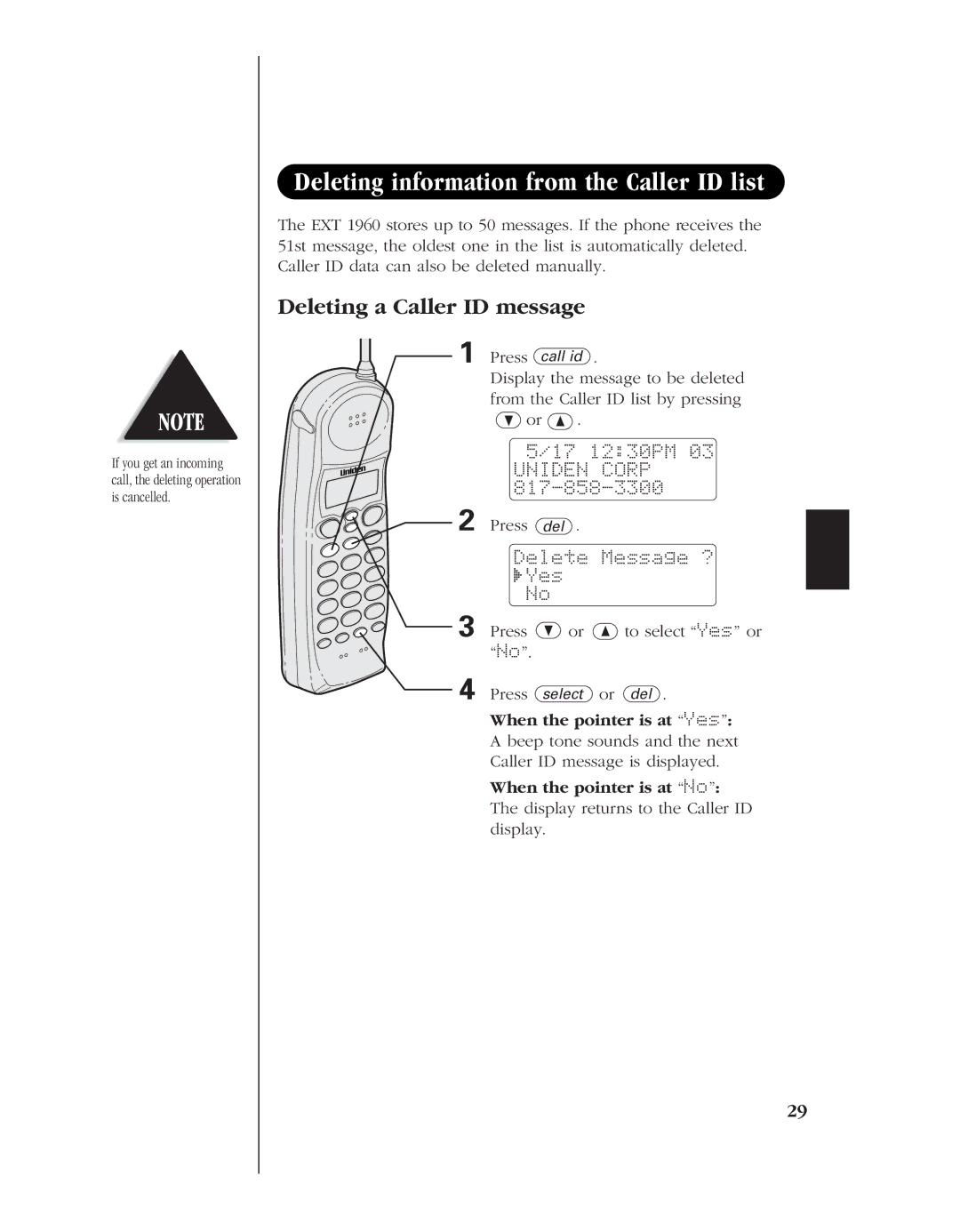 Uniden EXT 1960 Deleting information from the Caller ID list, Deleting a Caller ID message, When the pointer is at Yes 